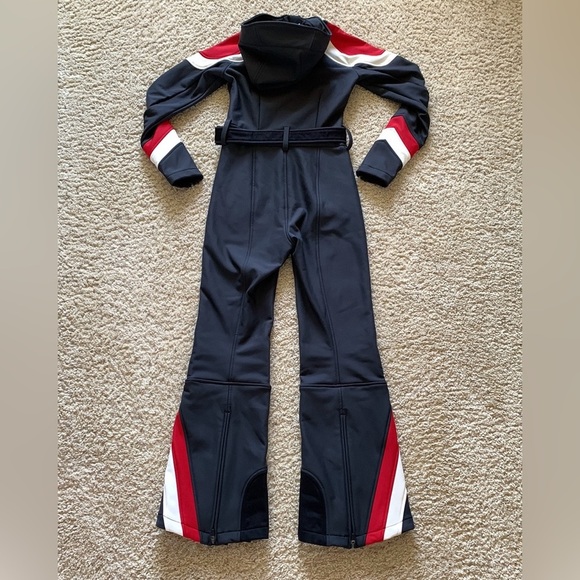 NWT Perfect moment Allos hooded striped ski suit in jet black/red/snow white - Picture 9 of 13